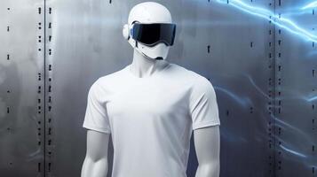 Futuristic mannequin wears plain white tshirt template. Sci-fi. T-shirt mockup advertising image. Clothing design short-sleeved. Apparel casual clothes mock up product photorealistic photo