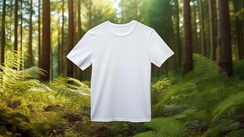 Simple white tshirt template amidst forest ferns and tall trees. Tee mockup advertising image. Clothing design short-sleeved. Apparel casual clothes mock up product photorealistic photo