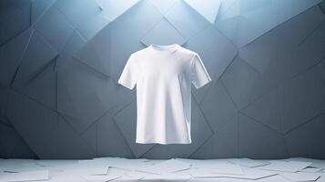 Plain white tshirt template showcased against geometric polygonal background. T-shirt mockup advertising image. Design short-sleeved. Apparel clothes mock up product photorealistic photo