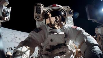 Reflective visor shows astronaut on lunar mission closeup image. Spaceman close up photography marketing. Space exploration concept photo. Moonwalk activity picture photorealistic photo
