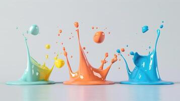 Three colorful paint splashes texture background image. Artistic expression. Frozen motion. Abstract photo backdrop wallpaper realistic. Vibrant and playful concept photorealistic