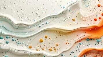 Flowing creamy textures with scattered orange blue droplets background image. Warm and cool tones abstract photo backdrop wallpaper realistic. Dynamic composition concept photorealistic