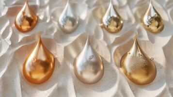 Luxurious metallic droplets rest on textured sandy background image. Artfully arranged photo backdrop wallpaper realistic. Playful and dynamic composition concept photorealistic