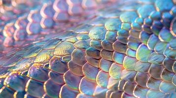 Iridescent scales displaying spectrum of pastel colors texture background image. Snakeskin iridescence photo backdrop wallpaper realistic. Reptile scaly serpent concept photorealistic