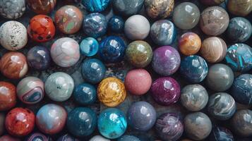 Collection of polished spherical gemstones texture background image. Stones exhibiting range of colors, natural patterns photo backdrop wallpaper. Abstract concept photorealistic