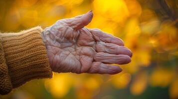 Wrinkled palm of elderly woman in autumn park close-up image background. Senior female holding hand close up picture photorealistic. Greeting closeup photo backdrop. Maturity concept