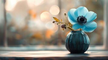 Beautiful blue poppy in small vase image copy space. Pale color blooming plant on table banner background blurred. Simple floral ornament for home concept photography copyspace photo