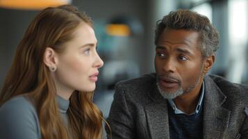 Mentor mentee workplace interaction image. Thoughtful conversation between middle-aged black man and young caucasian woman photography scene. Office job concept photorealistic photo