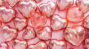 Glossy heart-shaped objects arranged on light pink background image. Charming romantic aesthetic photo backdrop wallpaper realistic. 14 february Valentines day concept photorealistic
