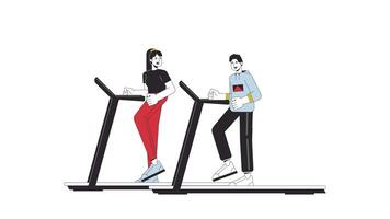 Multiethnic friends running on treadmills line 2D character animation. Healthy activity flat color cartoon 4K , alpha channel. Happy adults exercising in gym animated people on white background video