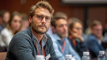 Focused glasses man looking at camera during conference portrait image. Blurred attendees corporate gathering picture photorealistic photography. Business concept photo realistic