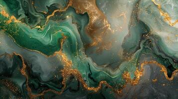 Abstract marbled design with deep green gold hues background image. Swirling pattern, shimmering golden flecks photo backdrop wallpaper. Artistic sophistication concept photorealistic
