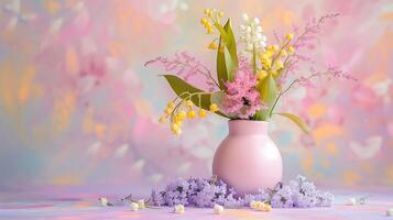 Fragile colorful flowers bouquet image copy space. Fresh spring blossom arrangement banner background blurred. Floral aesthetic in home interior concept photography copyspace photo
