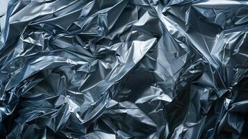 Crumpled dark silver aluminium foil texture background image. Intricate folds and reflections. Wrinkled material photo backdrop wallpaper realistic. Visual depth concept photorealistic