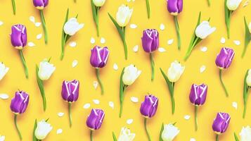 Tulip buds and small petals pattern background image. Feminine spring decor with floral elements photo backdrop wallpaper realistic. Tenderness of blooming flowers concept photorealistic