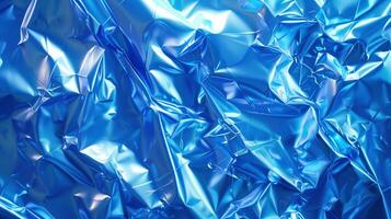 Wrinkled reflective blue material foil texture background image. High-tech design. Iridescent folds photo backdrop wallpaper realistic. Holographic abstract concept photorealistic