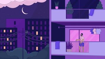 Black man standing on balcony late night lo fi animated cartoon background. Enjoying evening city introvert lofi aesthetic live wallpaper animation. Alone time chill scene 4K motion graphic video