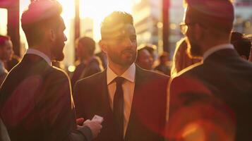 Three businessmen engage in conversation at sunset image. Professional relaxed atmosphere photography scene wallpaper. Business interactions, networking concept photorealistic photo