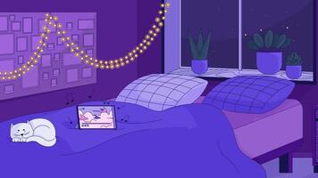 Cozy bedroom with sleeping cat cartoon animation. Bed night, lo fi music 4K motion graphic. Comfortable interior 2D animated background full frame, after hours aesthetic lofi live wallpaper video