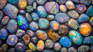 Diverse array of gemstones texture placed on black background image. Unique colors and patterns stones photo backdrop wallpaper realistic. Colorful minerals concept photorealistic