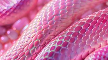 Macro shot of pink snake scales texture background image. Smooth iridescent finish snakeskin photo backdrop wallpaper realistic. Reptile scaly serpent abstract concept photorealistic