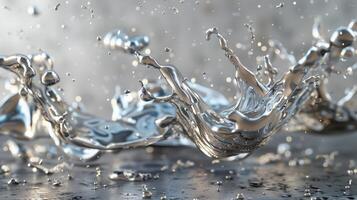 Energetic splash of silver liquid in mid-air texture background image. Metallic sheen droplets suspended photo backdrop wallpaper realistic. Composition abstract concept photorealistic