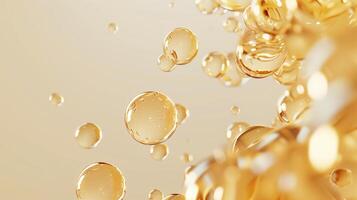 Close-up of oily liquid bubbles floating texture background image. Warm golden tones fluid dynamics photo backdrop wallpaper realistic. Composition abstract concept photorealistic