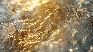 Golden water droplets texture and splashes illuminated by light background image. Fluid motion and sparkle photo backdrop wallpaper realistic. Vibrant dynamic concept photorealistic