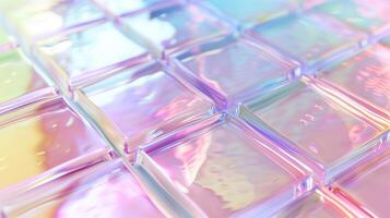 Close-up of glass tiles reflecting soft pastel texture background image. Smooth glossy surface, delicate color transition photo backdrop wallpaper. Serenity concept photorealistic