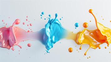 Flow of pink, blue, yellow paint splashes texture background image. Vibrant and fluid composition photo backdrop wallpaper realistic. Creative visuals. Abstract concept photorealistic