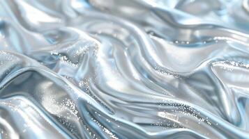 Shimmering silver fabric texture with fluid glossy folds background image. Magical glittering. Iridescence photo backdrop wallpaper realistic. Holographic abstract concept photorealistic