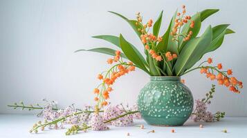 Lilies of the valley in green vase and windflowers bunches image copy space. Small spring flowers arrangement on table banner background blurred. Spring concept photography copyspace photo