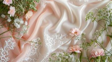 Fresh windflowers on satin fabric image copy space. Flowers composition on lacy silk sheet banner background blurred. Elegant wedding ornament concept photography copyspace photo