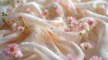 Small pink chamomiles on wrinkled lace fabric photo. Gentle wild daisies on crumpled textile image background wallpaper. Feminine floral composition concept picture realistic photo