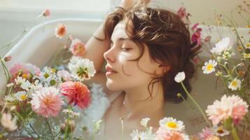 Languid caucasian female lying in bath with fresh flowers image. Brunette european lady at herbal spa procedures photography scene wallpaper. Relaxation concept photorealistic photo