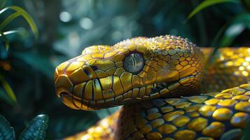 Detailed closeup snake with golden scales and sharp focused eyes image. Jungle reptile near lush green leaves photography scene wallpaper. Animal wildlife concept photorealistic photo