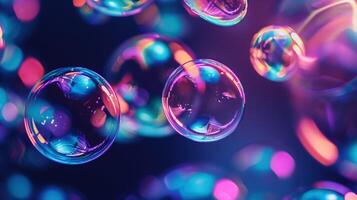 Iridescent bubbles texture with blue pink reflections background image. Shiny soap spheres floating in air photo backdrop wallpaper realistic. Vibrant abstract concept photorealistic