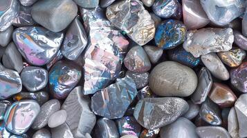 Mixed metallic stones with reflective surfaces texture background image. Smooth pebbles, natural rocks photo backdrop wallpaper realistic. Natural composition concept photorealistic