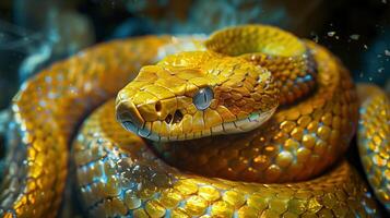 Golden snake with shiny textured scales coiled tightly image. Venomous reptilian glossy vibrant appearance photography scene wallpaper. Animal wildlife concept photorealistic photo