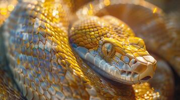 Yellow snake with shimmering intricate scales basking in warm light image. Exotic reptile detailed textures photography scene wallpaper. Animal wildlife concept photorealistic photo