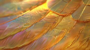 Close-up of iridescent feathers with golden hues texture background image. Shimmering light and fine details photo backdrop wallpaper realistic. Exotic abstract concept photorealistic