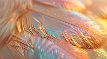 Closeup soft iridescent feathers with pastel hues texture background image. Gentle light and fine details photo backdrop wallpaper realistic. Exotic abstract concept photorealistic