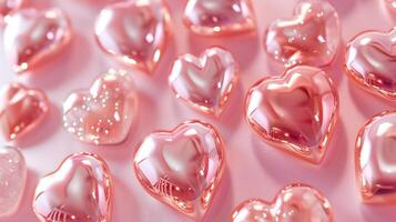 Glossy pink hearts with reflective finish texture background image. Romantic and elegant composition photo backdrop wallpaper realistic. 14 february Valentines day concept photorealistic
