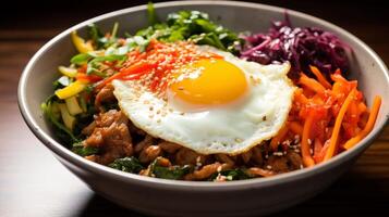 Colorful bibimbap bowl with fried egg closeup image. Marinated beef, assorted vegetables close up photography marketing. Fast casual dining concept photo. Culinary tradition picture photo