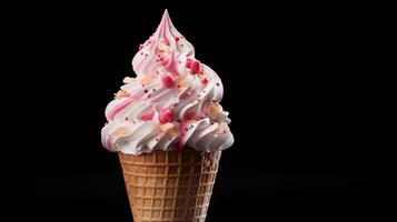 Soft serve ice cream with pink sprinkles in waffle cone closeup image. Summer icecream close up photography marketing. Sweet food concept photo realistic. Confectionery delight picture
