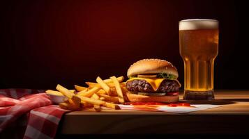 Juicy cheeseburger paired with side of fries and beer closeup image. Comfort food close up photography marketing. American meal concept photo realistic. Delicious junkfood in pub picture