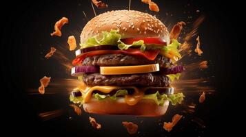 Exploding cheeseburger with dynamic bacon pieces closeup image. Bursting meaty burger close up photography marketing. Fast food concept photo realistic. Junkfood delicious picture