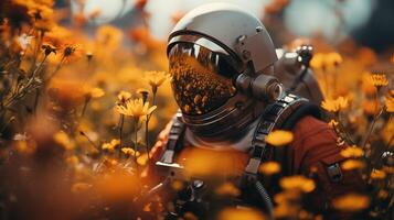 Astronaut gazes through visor reflecting meadow of yellow flowers closeup image. Cosmonaut close up photography marketing. Cosmic botany concept photo realistic. Space exploration picture