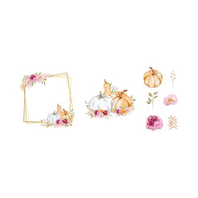 Gold autumn frames set with watercolor pumpkins, flowers. fall l