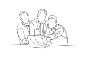 Continuous line drawing of business team working together, discussing business. Meeting of colleagues. Coworking, teamwork concept vector